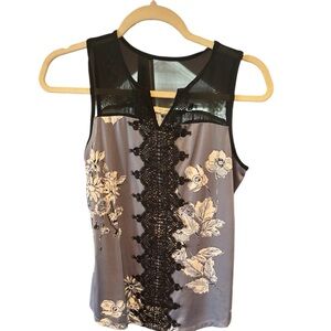 Floral Lace Trim Sleeveless Top - Black and Gray